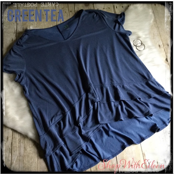 GreenTea Tops - GreenTea Sandwashed Blue Double Ruffle Top